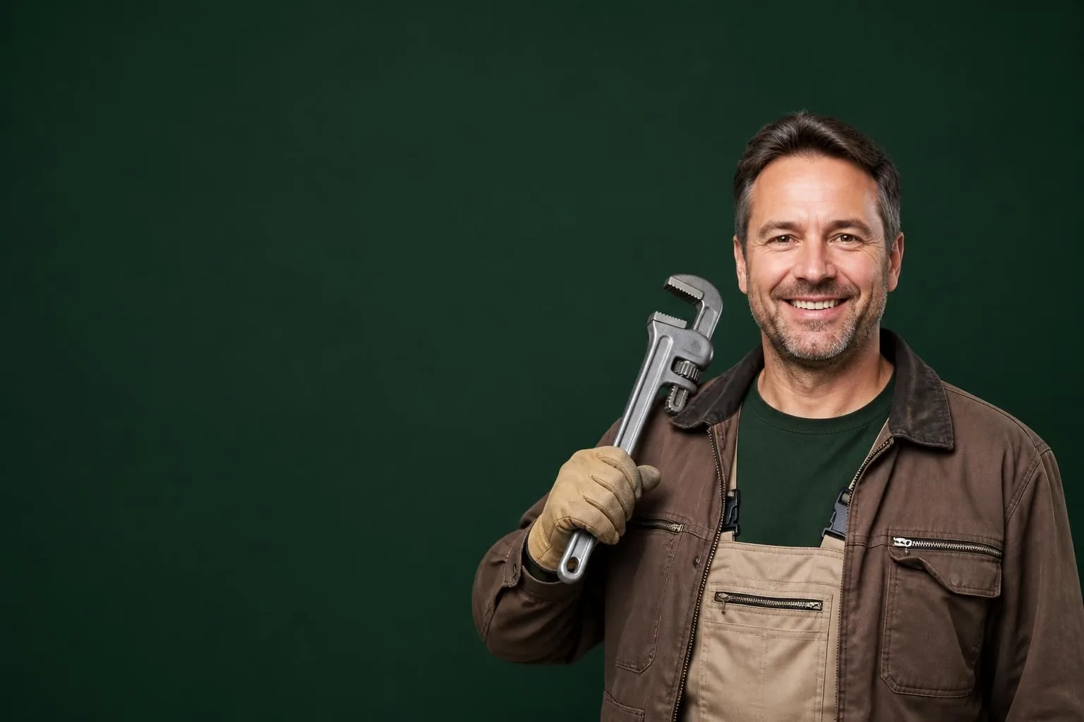 Handwerker in Arbeitskleidung mit Rohrzange vor tannengrünem Hintergrund